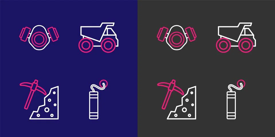 Set line Dynamite, Pickaxe, Mining dump truck and Gas mask icon. Vector Illustrazione stock