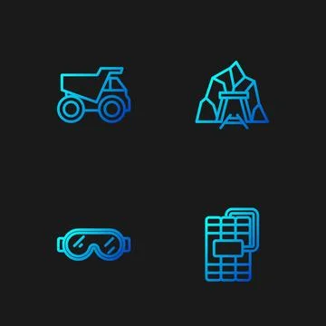 Set line Dynamite, Safety goggle glasses, Mining dump truck and Mine entrance Stock Illustration