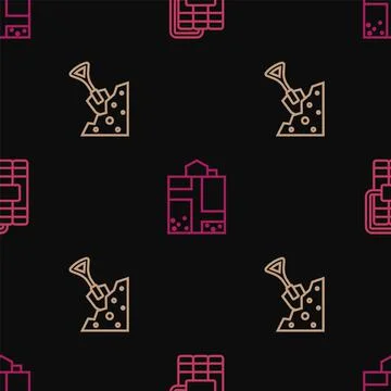 Set line Dynamite, Shovel and stone and Mine entrance on seamless pattern Stock Illustration