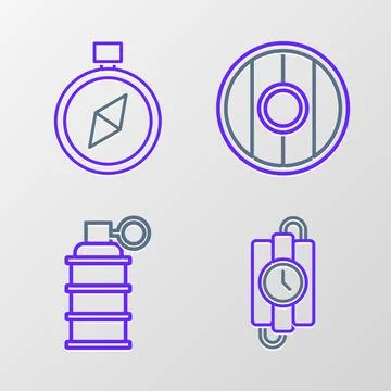 Set line dynamite stick and timer clock, Hand grenade, Round wooden shield and Stock Illustration