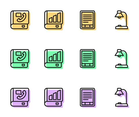 Set line E-Book reader, Phone book, Financial and Table lamp icon. Vector イラスト素材