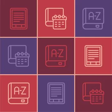 Set line E-Book reader, Translator book and Daily paper notepad icon. Vector 스톡 일러스트