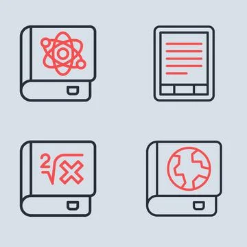 Set line E-Book reader, with mathematics, Earth globe and book and about ph.. Stock Illustration