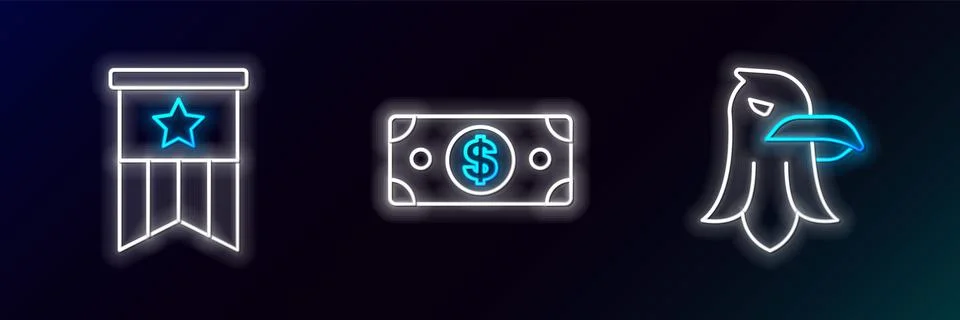 Set line Eagle, American flag and Stacks paper money cash icon. Glowing neon Stock Illustration