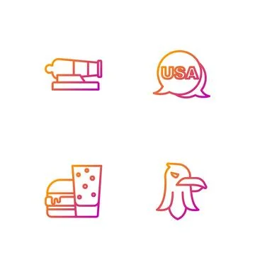 Set line Eagle, Burger, Cannon and USA Independence day. Gradient color icons Stock Illustration