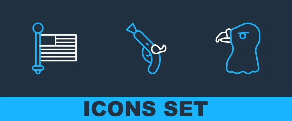 Set line Eagle head, American flag and Vintage pistols icon. Vector 스톡 일러스트