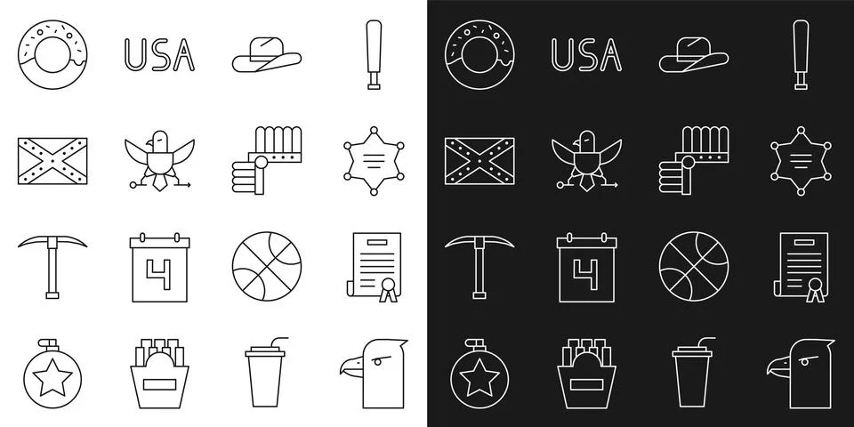 Set line Eagle head, Declaration of independence, Hexagram sheriff, Western c 스톡 일러스트