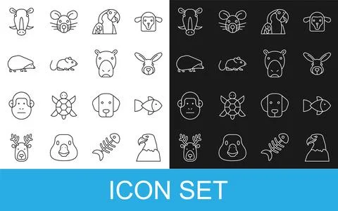 Set line Eagle head, Fish, Rabbit, Macaw parrot, Rat, Hedgehog, Wild boar a.. Illustrazione stock