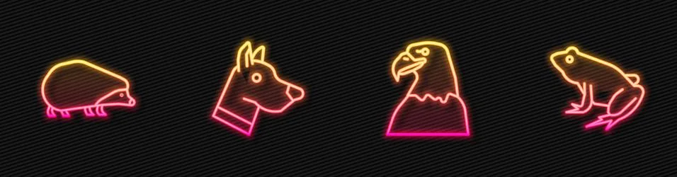 Set line Eagle head, Hedgehog, Dog and Frog. Glowing neon icon. Vector Illustrazione stock