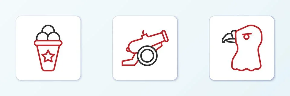 Set line Eagle head, Ice cream in waffle cone and Cannon icon. Vector Illustrazione stock