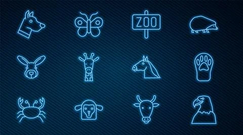 Set line Eagle head, Paw print, Zoo park, Giraffe, Rabbit, Dog, Horse and Stock Illustration