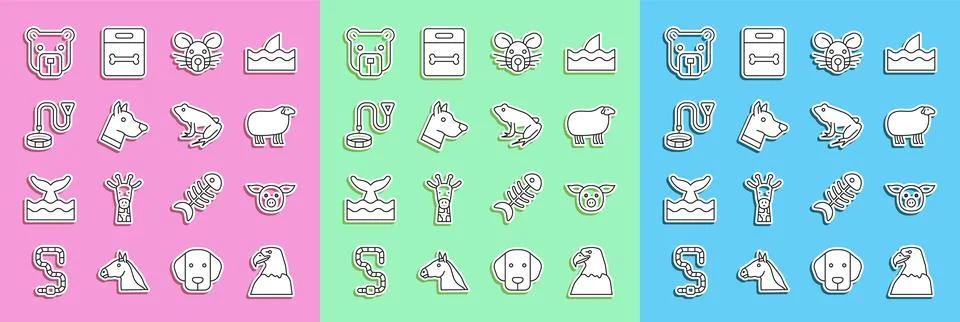 Set line Eagle head, Pig, Sheep, Rat, Dog, Collar with name tag, Bear and F.. Stock Illustration