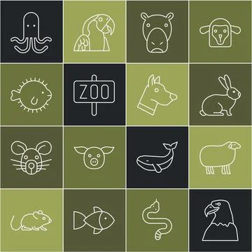 Set line Eagle head, Sheep, Rabbit, Hippo or Hippopotamus, Zoo park, Puffer fish Stock Illustration