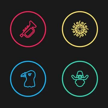 Set line Eagle head, Sheriff cowboy, Firework and Trumpet icon. Vector Stock Illustration