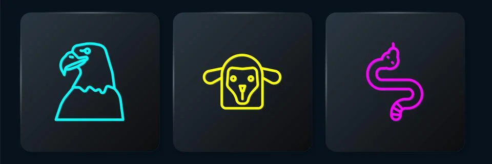 Set line Eagle head, Snake and Sheep. Black square button. Vector Stock Illustration