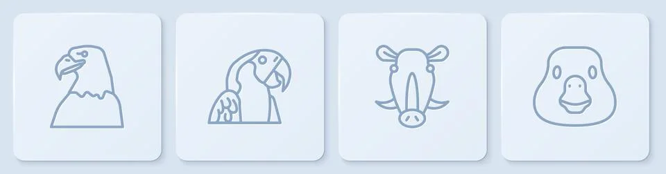 Set line Eagle head, Wild boar, Macaw parrot and Goose bird. White square button Illustrazione stock