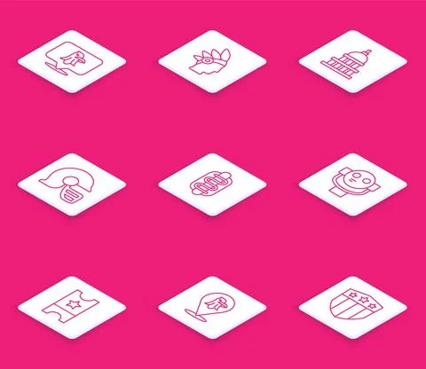 Set line Eagle, Native American Indian, White House, football helmet, Hotdog Stock Illustration