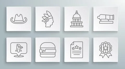 Set line Eagle, Native American Indian, Burger, Declaration of independence Stock Illustration