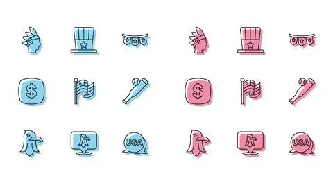 Set line Eagle, Native American Indian, USA Independence day, flag, Basebal.. Stock Illustration