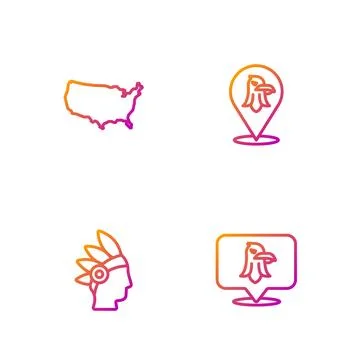 Set line Eagle, Native American Indian, USA map and . Gradient color icons Stock Illustration