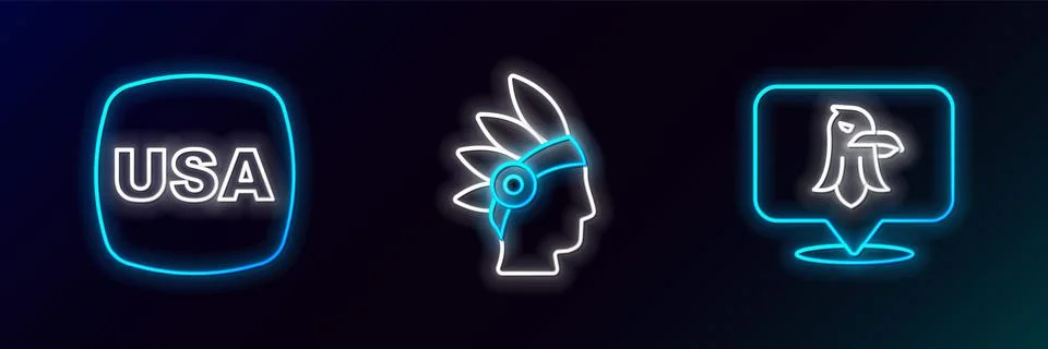 Set line Eagle, USA Independence day and Native American Indian icon. Glowing Stock Illustration