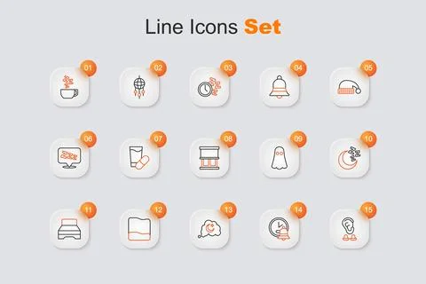 Set line Earplugs and ear, Alarm clock, Dreams, Pillow, Big bed, Moon stars.. Stock Illustration
