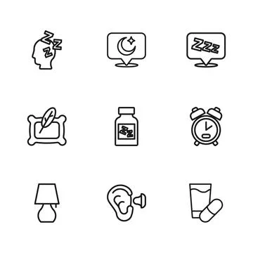 Set line Earplugs and ear, Alarm clock, Sleeping pill, Sleepy, Dreams, Moon.. 스톡 일러스트