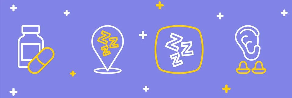Set line Earplugs and ear, Sleepy,  and Sleeping pill icon. Vector Stock Illustration