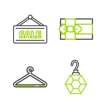 Set line Earring Hanger wardrobe Gift box and Hanging sign with Sale icon. Ve 库存插图