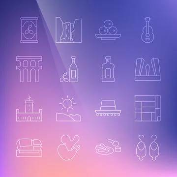 Set line Earrings, House Edificio Mirador, Gate of Europe, Olives on plate 스톡 일러스트