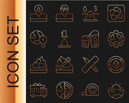 Set line Earth core structure crust, Soil analysis, Gear wheels and earth, .. Illustrazione stock