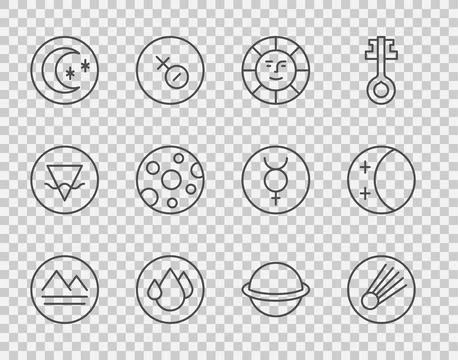 Set line Earth element, Comet, Sun, Water drop, Moon and stars, Full moon, .. Stock Illustration