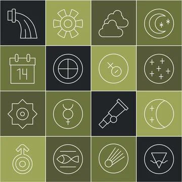 Set line Earth element, Eclipse of the sun, Full moon, Cloudy weather, glob.. Ilustração Stock