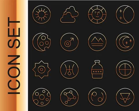 Set line Earth element, globe, Moon and stars, Sun, Mars symbol, Eclipse of the Ilustração Stock