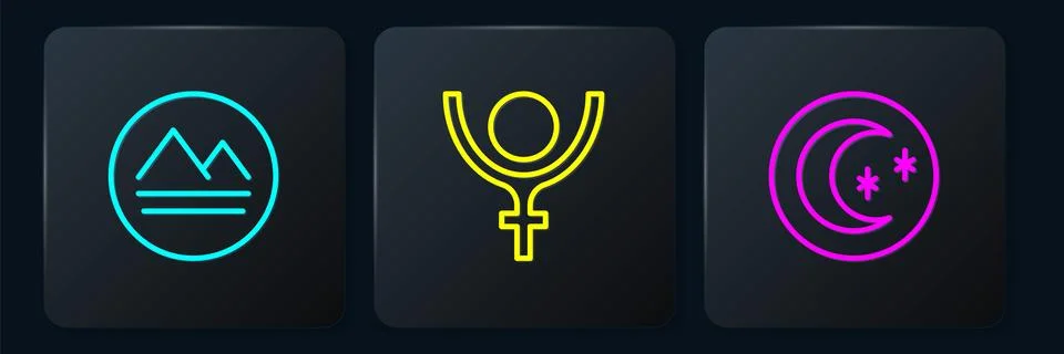 Set line Earth element, Moon and stars and Symbol Pluto. Black square button Stock Illustration