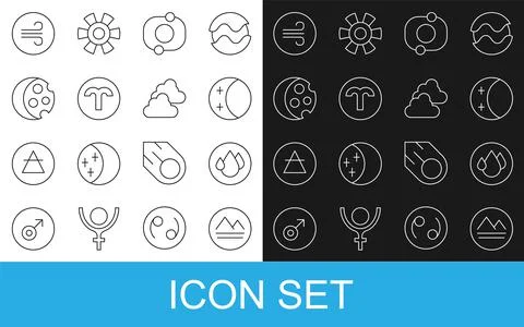 Set line Earth element, Water drop, Eclipse of the sun, Solar system, Aries z Stock Illustration
