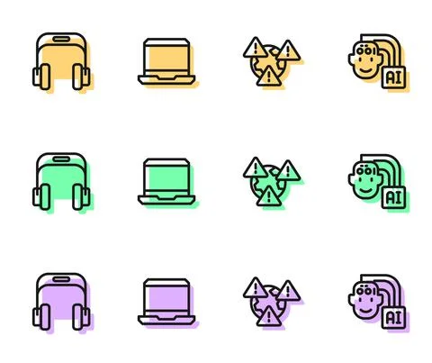 Set line Earth with exclamation mark, Headphones, Laptop and Humanoid robot icon Illustrazione stock