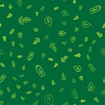 Set line Earth globe and leaf, Battery and Water energy on seamless pattern Stock Illustration