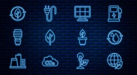 Set line Earth globe and leaf, Recycle clean aqua, Solar energy panel, Tree, LED Illustrazione stock