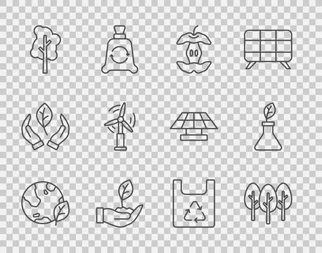 Set line Earth globe and leaf, Tree, Apple core, Plant in hand, Wind turbine Stock Illustration