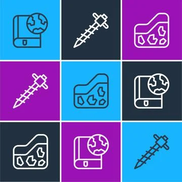 Set line Earth globe and book, Ground and Construction jackhammer icon. Vector Stock Illustration