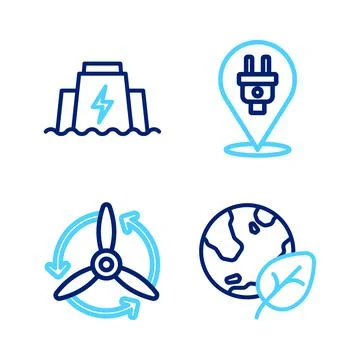 Set line Earth globe and leaf, Wind turbine, Electric plug and Hydroelectric dam Stock Illustration
