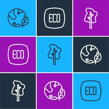 Set line Earth globe and leaf, Tree and Leaf Eco symbol icon. Vector Illustrazione stock