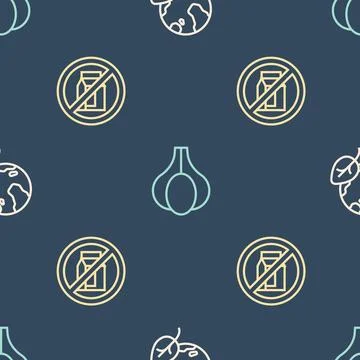 Set line Earth globe and leaf, No pack of milk and Garlic on seamless pattern Stock Illustration