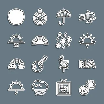 Set line Earth globe and sun, Not applicable, Sunrise, Umbrella, Rainbow, Moon Ilustração Stock