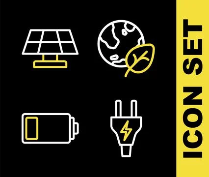Set line Earth globe and leaf, Electric plug, Battery and Solar energy pane.. Stock Illustration