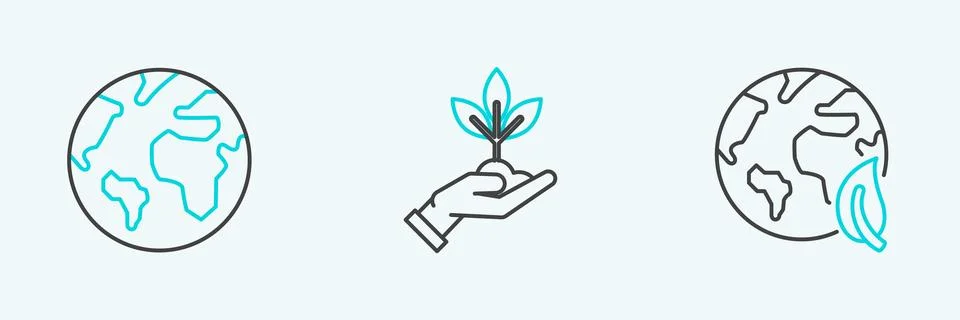 Set line Earth globe and leaf,  and Plant in hand of environmental protecti.. Stock Illustration