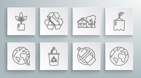 Set line Earth globe and leaf, Recycling plastic bottle, Recycle bin with r.. Stock Illustration
