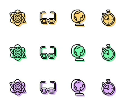 Set line Earth globe, Atom, Glasses and Stopwatch icon. Vector Stock Illustration