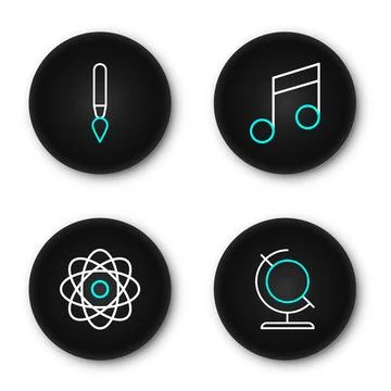 Set line Earth globe, Atom, Music note, tone and Paint brush icon. Vector Stock Illustration